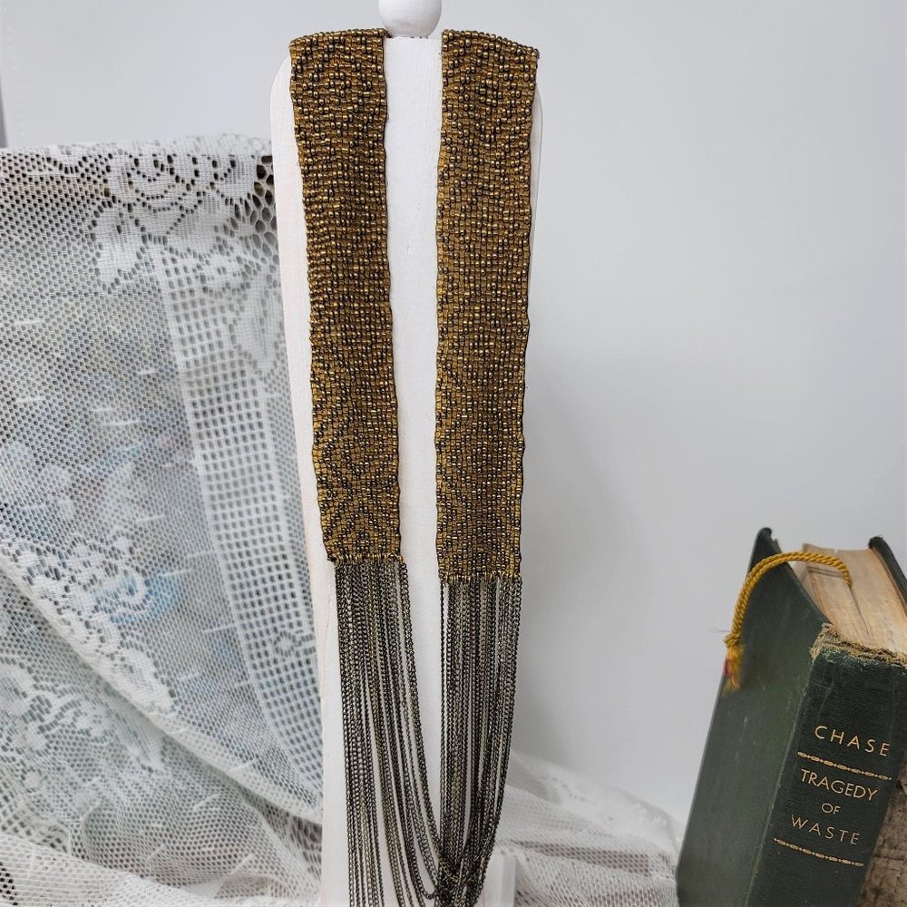 Elegant Hand Woven Seed Bead & Chain Necklace - Picture 6 of 8
